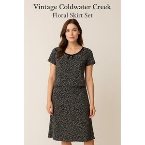 Vtg Coldwater Creek Womens Skirt Blouse Set 14 Black White Floral Silk Korea NWT